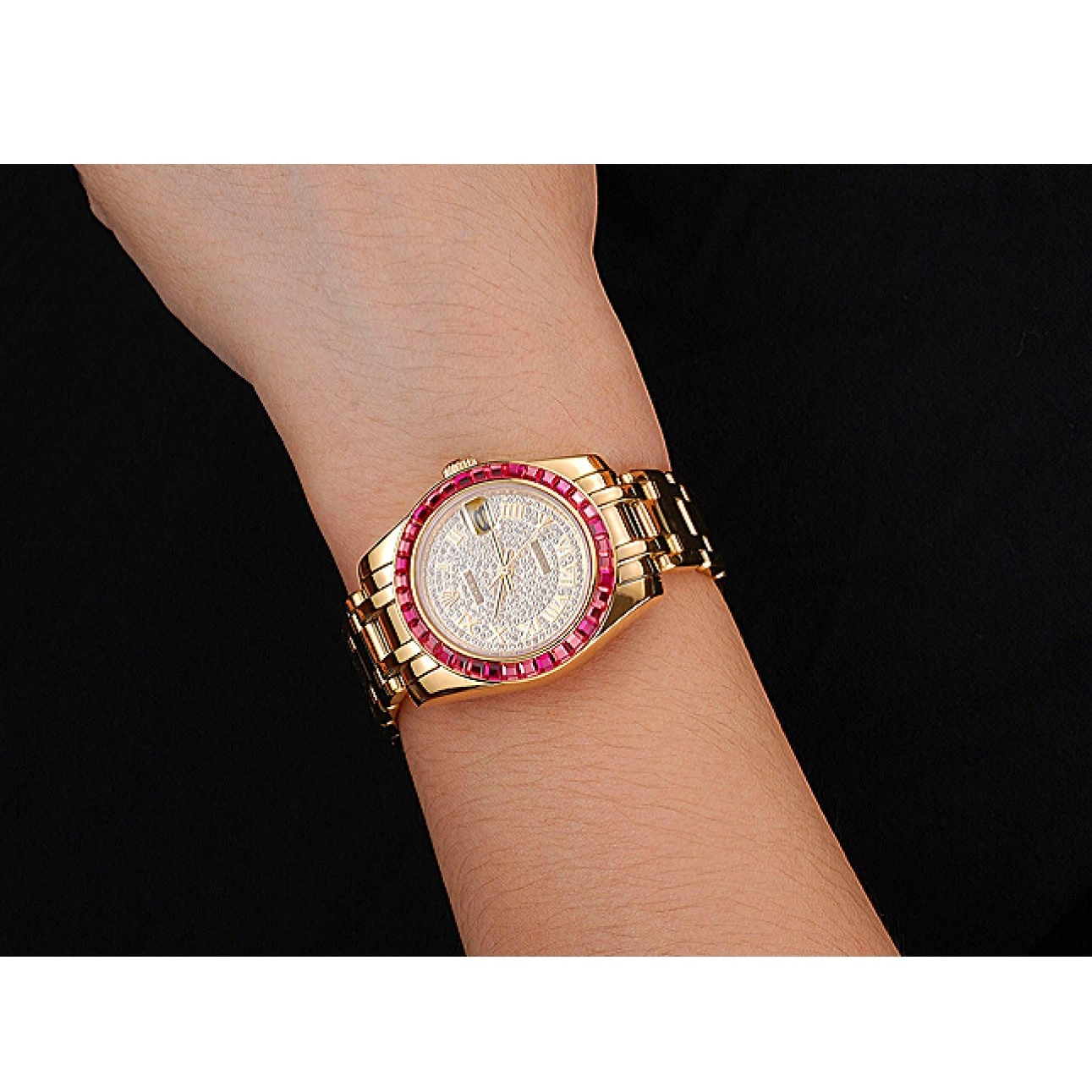 Aaa replica watch Jewels Bezel Datejust Dial And Rolex Gold 622835 Case Diamond Pink Bracelet 0519
